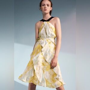 H&M | NWT Silk Flounced Yellow Patterned Knee Length Dress